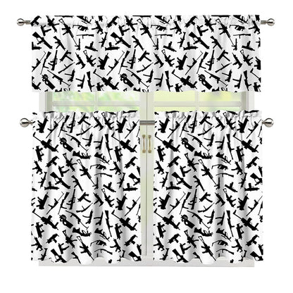 Black And White Guns Pattern Print 3 Piece Kitchen Curtains