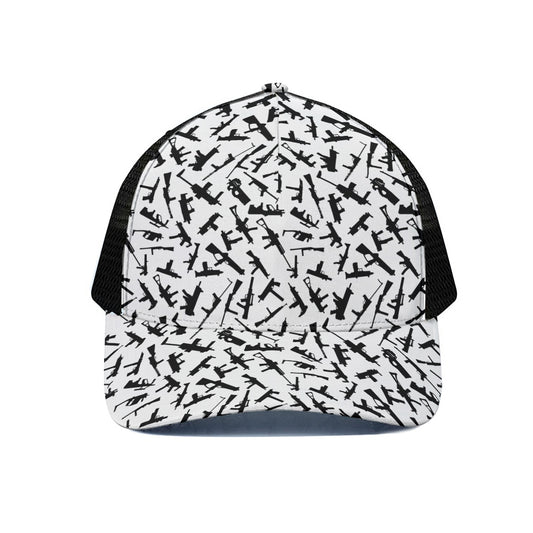 Black And White Guns Pattern Print Black Mesh Trucker Cap