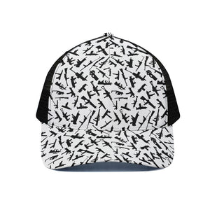 Black And White Guns Pattern Print Black Mesh Trucker Cap