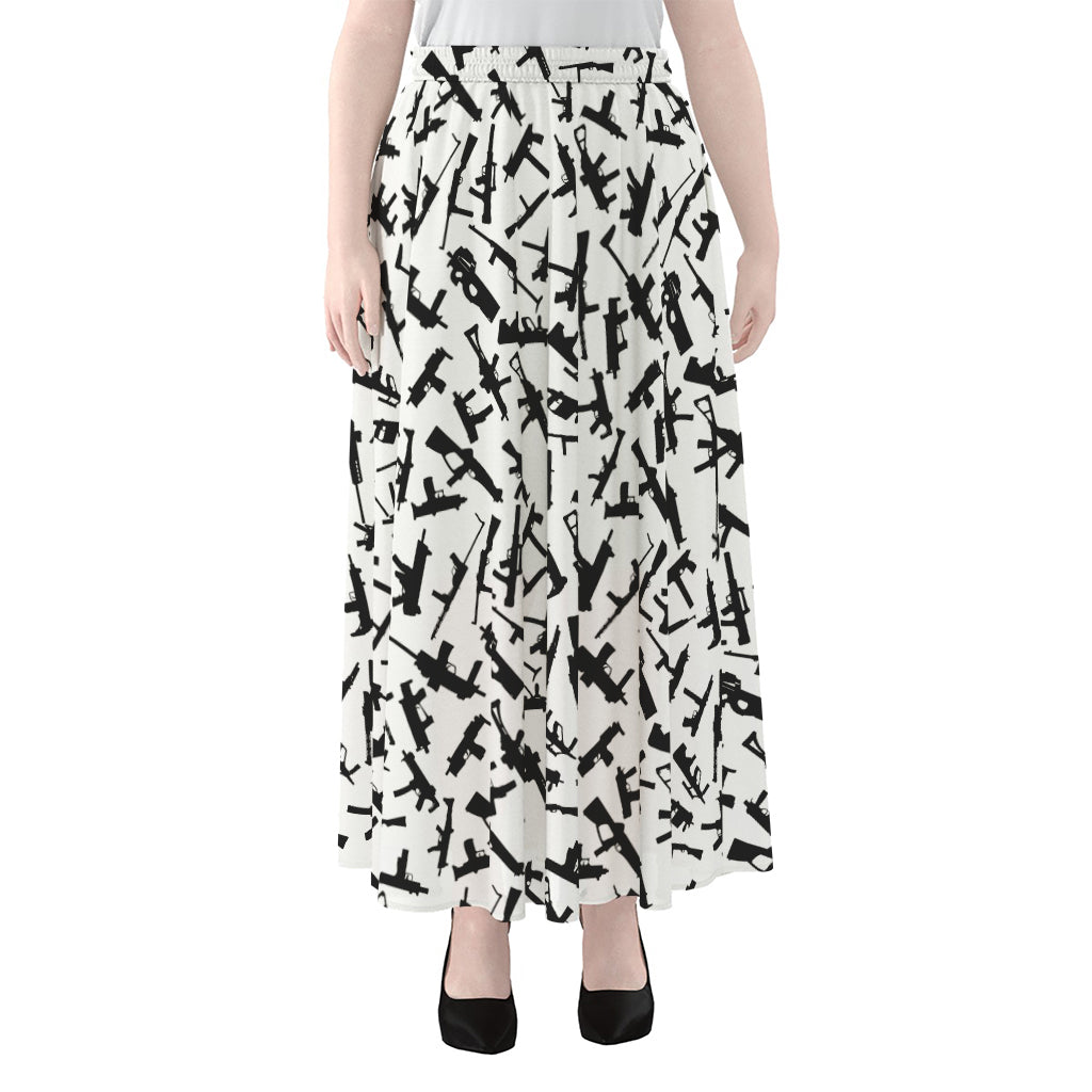 Black And White Guns Pattern Print Chiffon Maxi Skirt