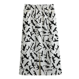 Black And White Guns Pattern Print Cotton Front Slit Maxi Skirt