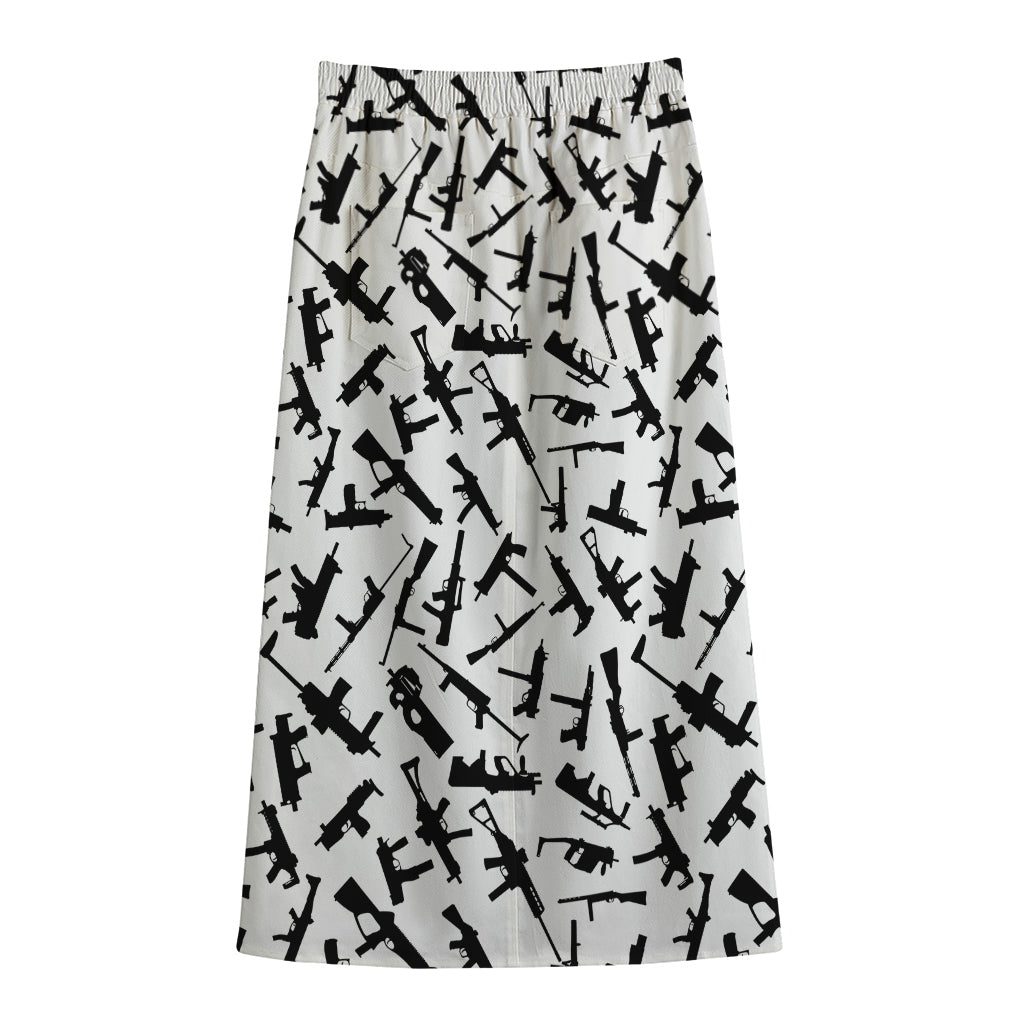 Black And White Guns Pattern Print Cotton Front Slit Maxi Skirt