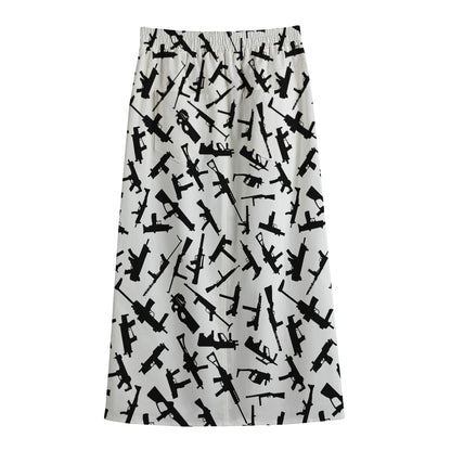 Black And White Guns Pattern Print Cotton Front Slit Maxi Skirt