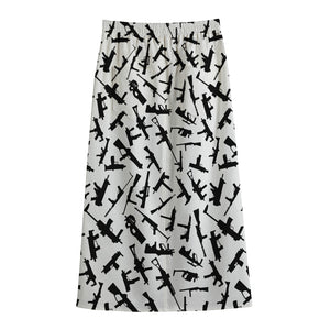 Black And White Guns Pattern Print Cotton Front Slit Maxi Skirt