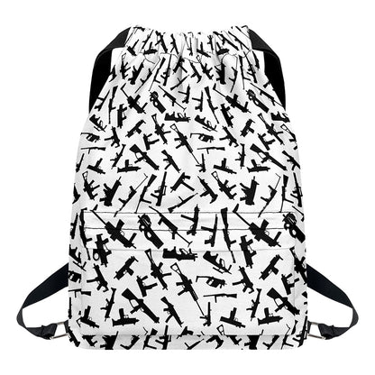 Black And White Guns Pattern Print Drawstring Backpack