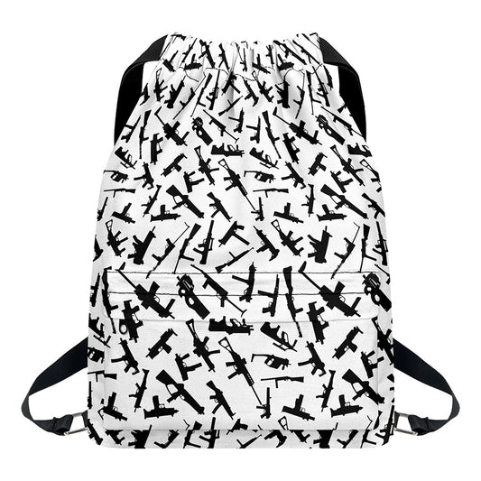 Black And White Guns Pattern Print Drawstring Backpack