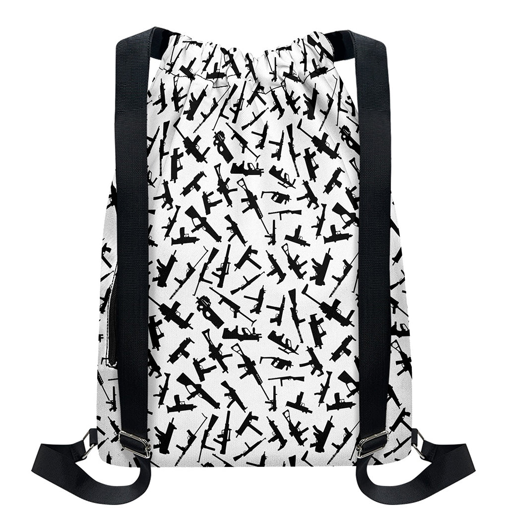 Black And White Guns Pattern Print Drawstring Backpack