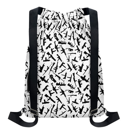 Black And White Guns Pattern Print Drawstring Backpack