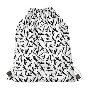 Black And White Guns Pattern Print Drawstring Bag