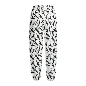 Black And White Guns Pattern Print Fleece Lined Knit Pants