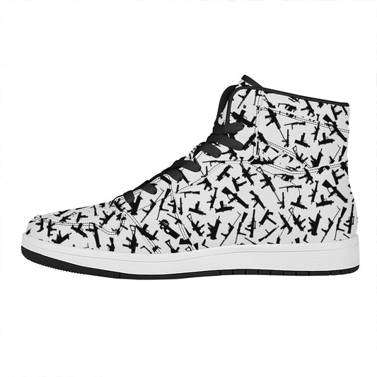 Black And White Guns Pattern Print High Top Leather Sneakers