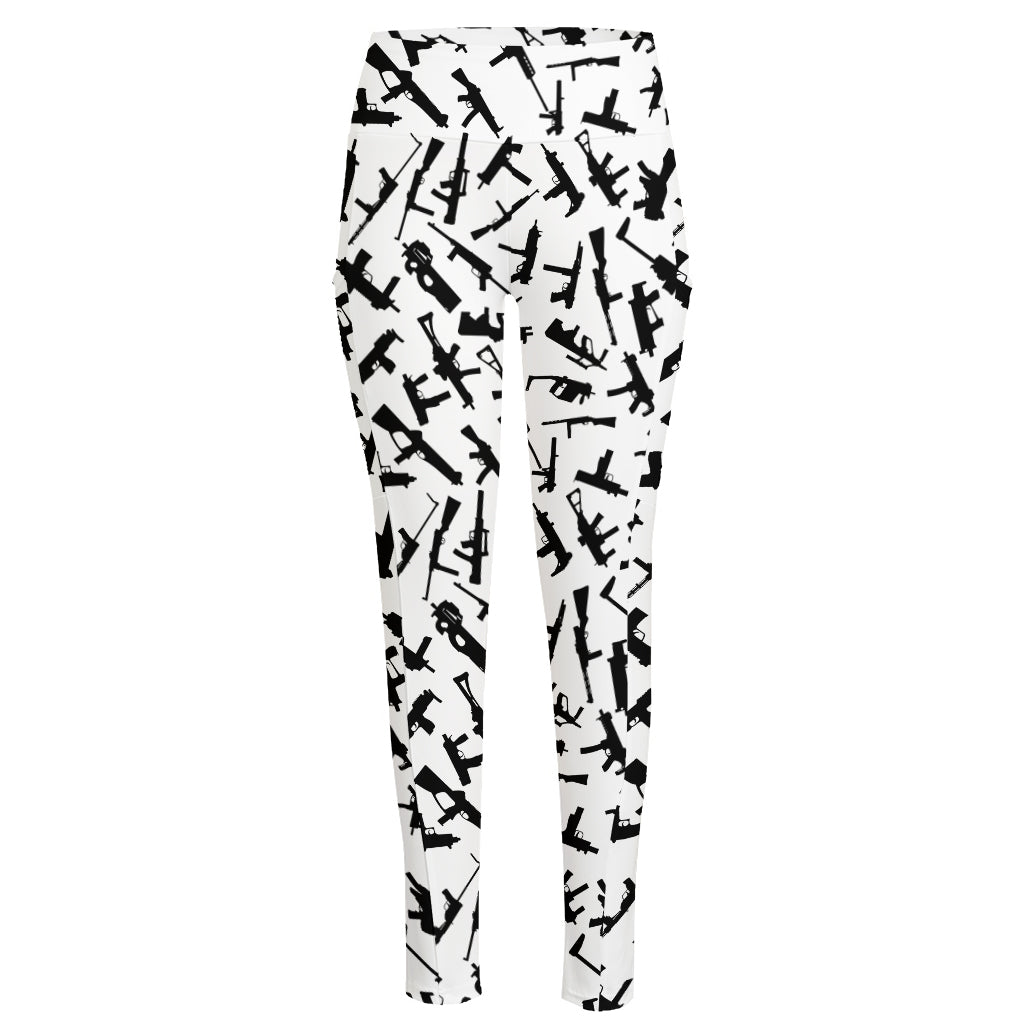 Black And White Guns Pattern Print High-Waisted Pocket Leggings