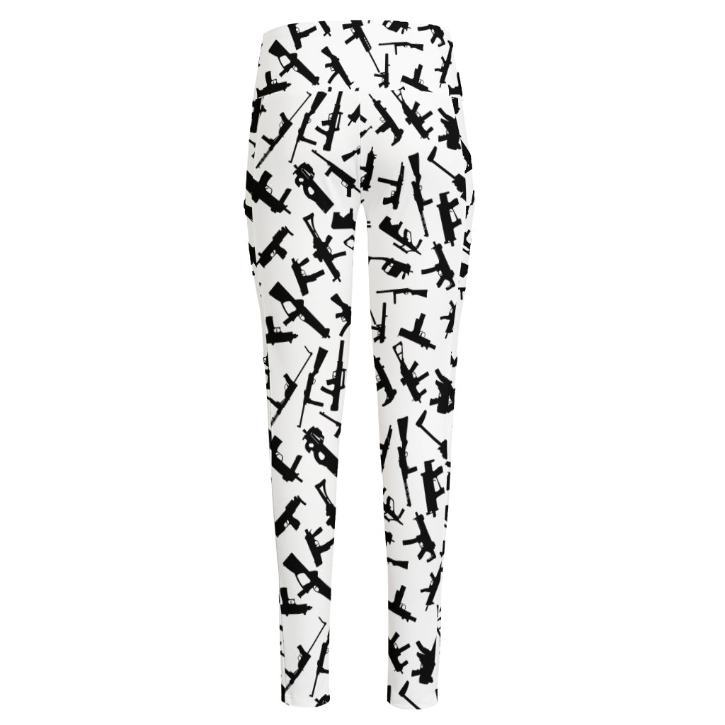 Black And White Guns Pattern Print High-Waisted Pocket Leggings