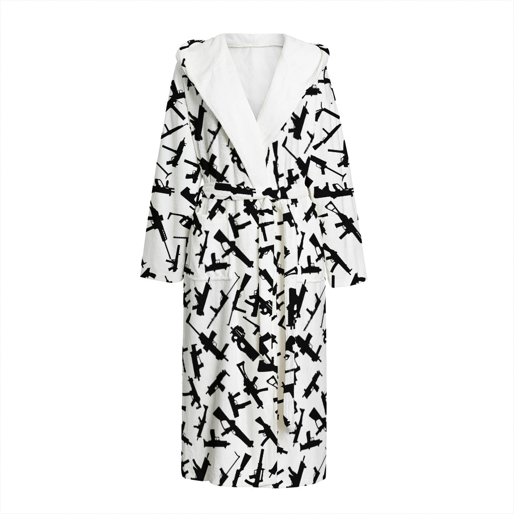 Black And White Guns Pattern Print Hooded Bathrobe