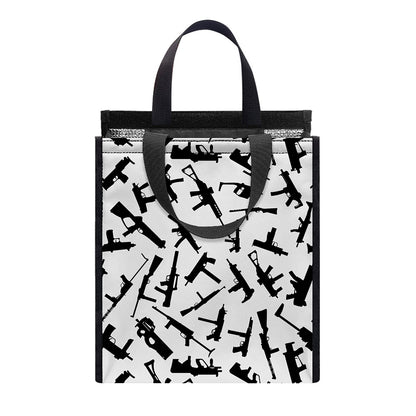 Black And White Guns Pattern Print Insulated Lunch Tote