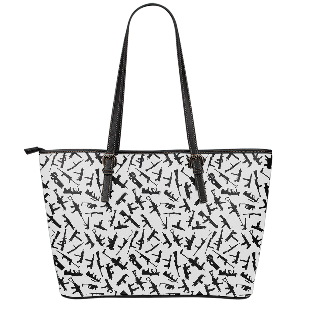 Black And White Guns Pattern Print Leather Tote Bag