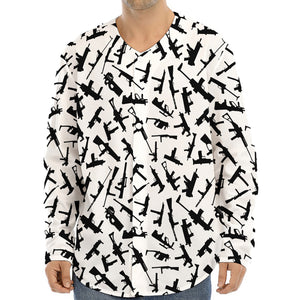 Black And White Guns Pattern Print Long Sleeve Baseball Jersey