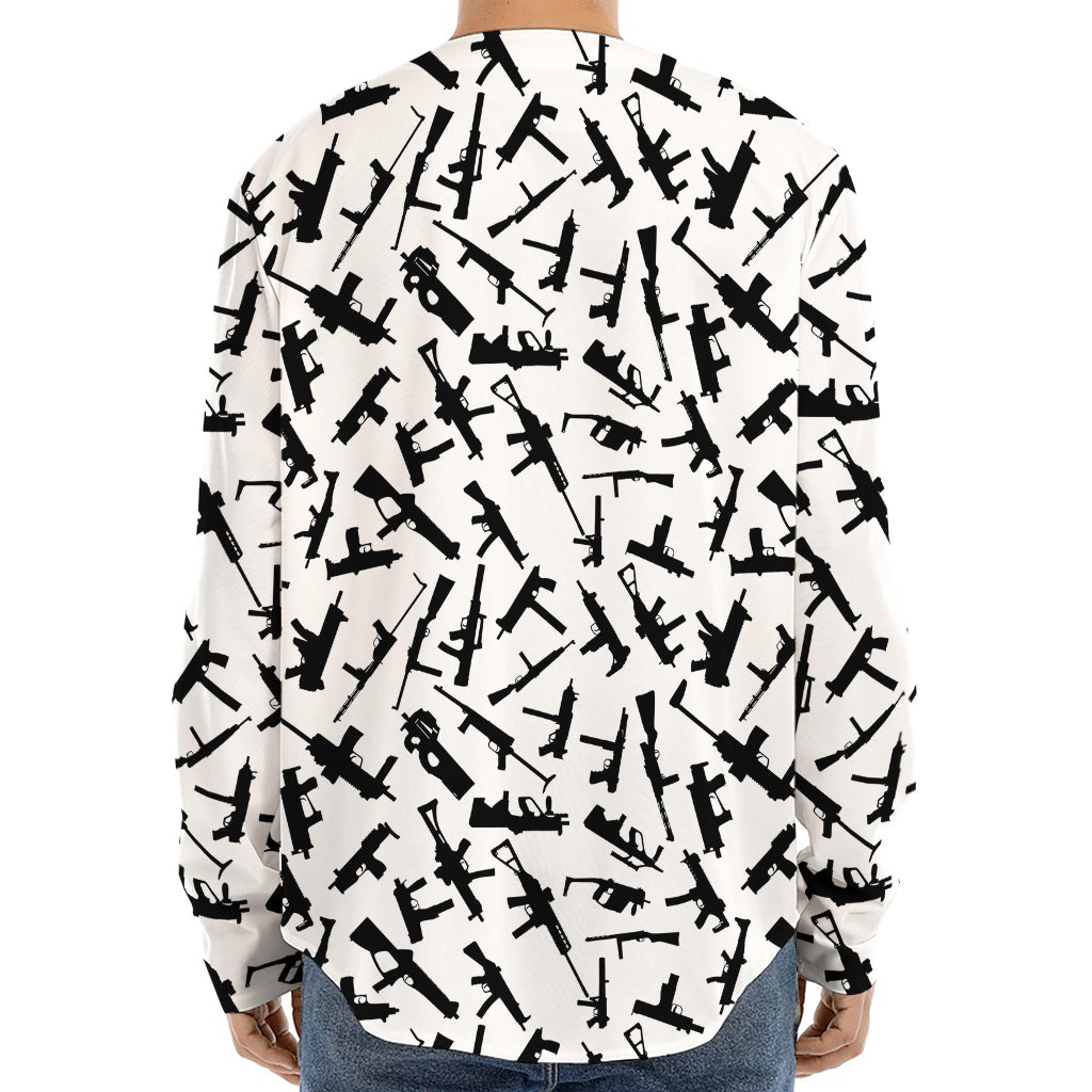 Black And White Guns Pattern Print Long Sleeve Baseball Jersey