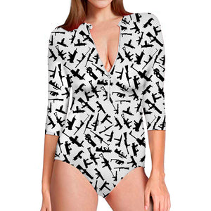 Black And White Guns Pattern Print Long Sleeve Swimsuit