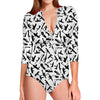 Black And White Guns Pattern Print Long Sleeve Swimsuit