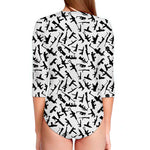 Black And White Guns Pattern Print Long Sleeve Swimsuit