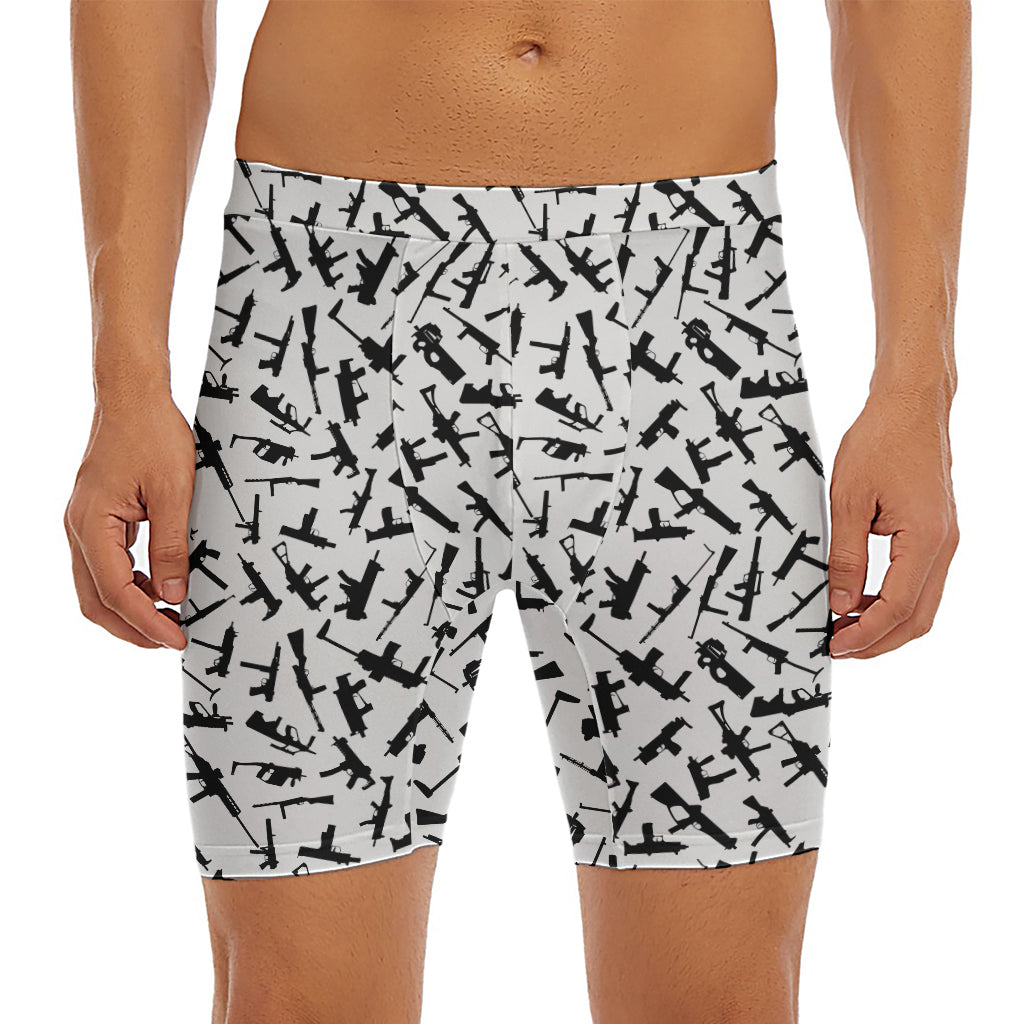 Black And White Guns Pattern Print Men's Long Boxer Briefs