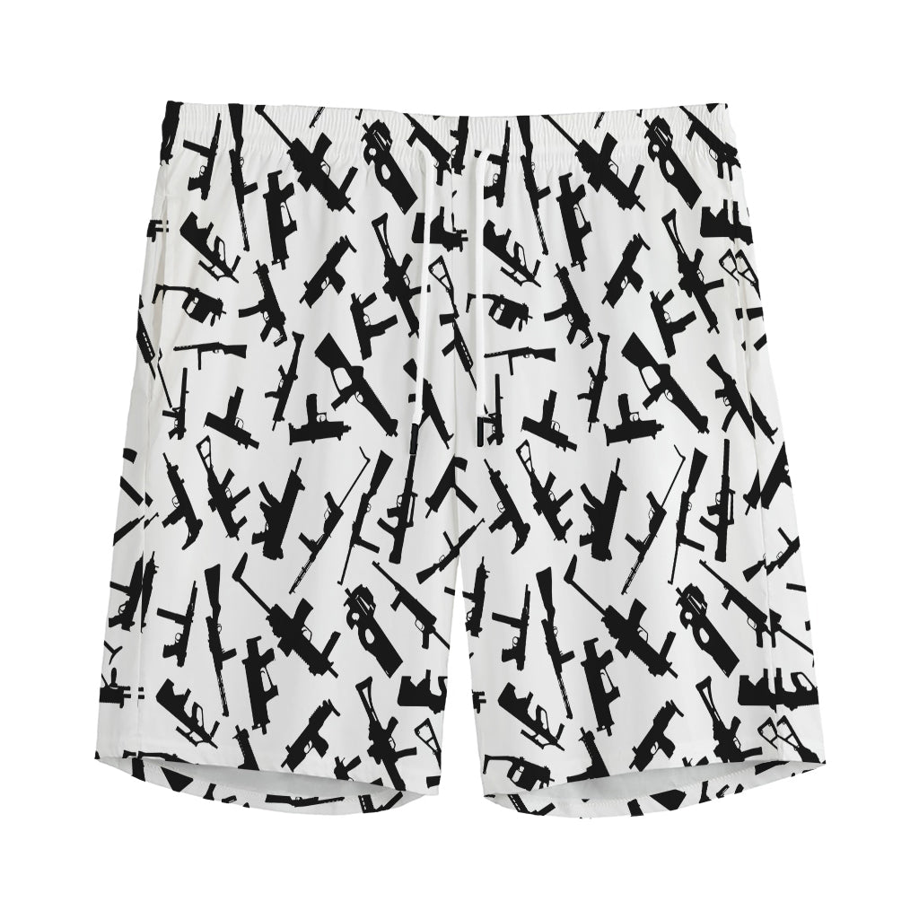 Black And White Guns Pattern Print Men's Sports Shorts