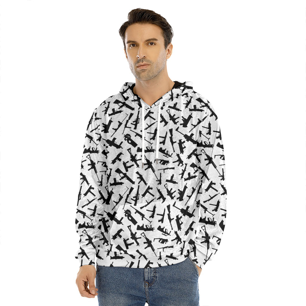 Black And White Guns Pattern Print Men's Velvet Pullover Hoodie