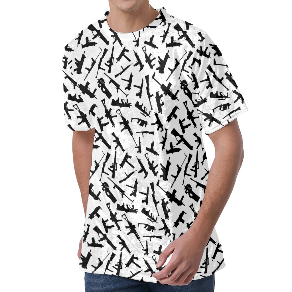 Black And White Guns Pattern Print Men's Velvet T-Shirt