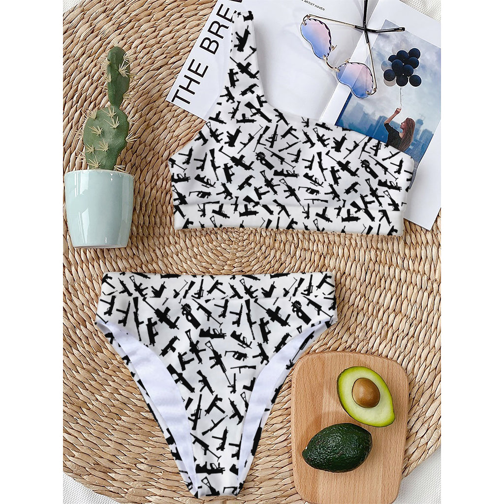 Black And White Guns Pattern Print One Shoulder Bikini Top