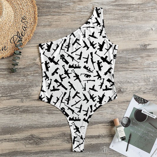 Black And White Guns Pattern Print One Shoulder Bodysuit
