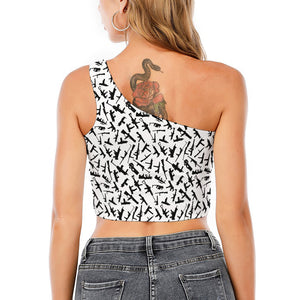 Black And White Guns Pattern Print One Shoulder Crop Top