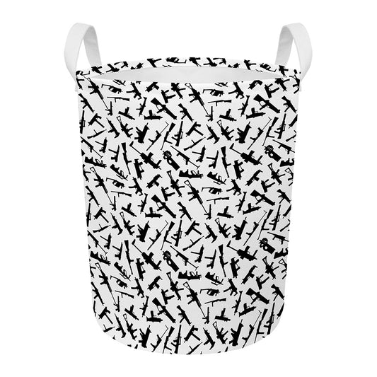 Black And White Guns Pattern Print Round Laundry Basket