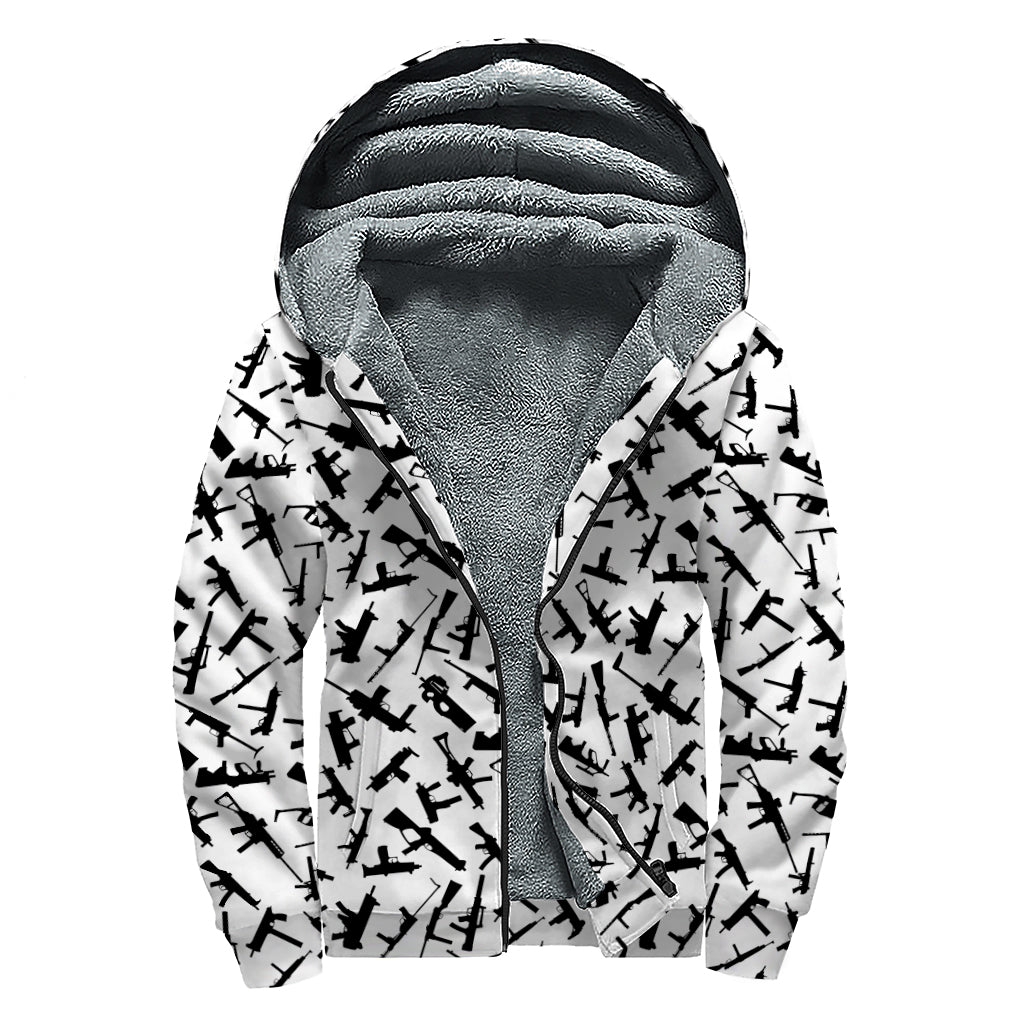 Black And White Guns Pattern Print Sherpa Lined Zip Up Hoodie