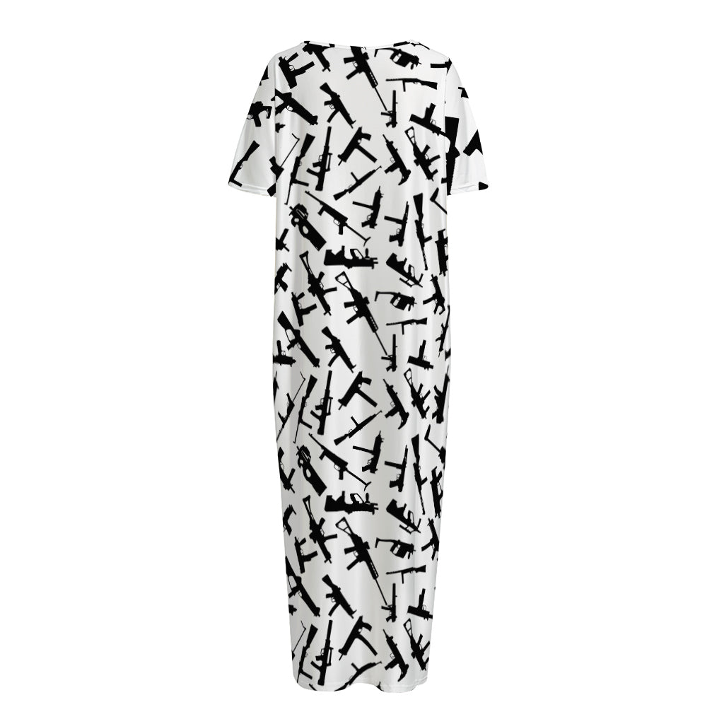 Black And White Guns Pattern Print Short Sleeve Long Nightdress