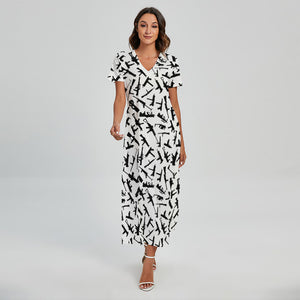 Black And White Guns Pattern Print Short Sleeve Maxi Dress