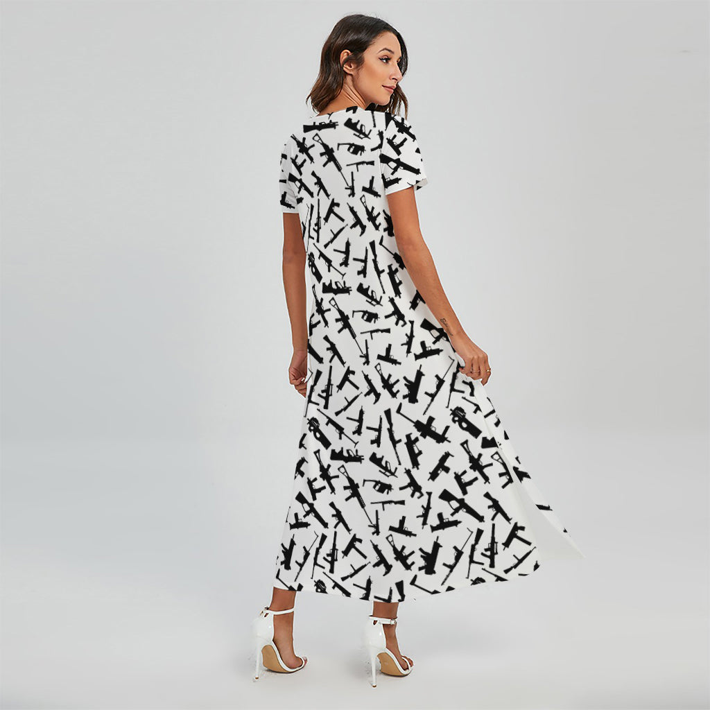 Black And White Guns Pattern Print Short Sleeve Maxi Dress