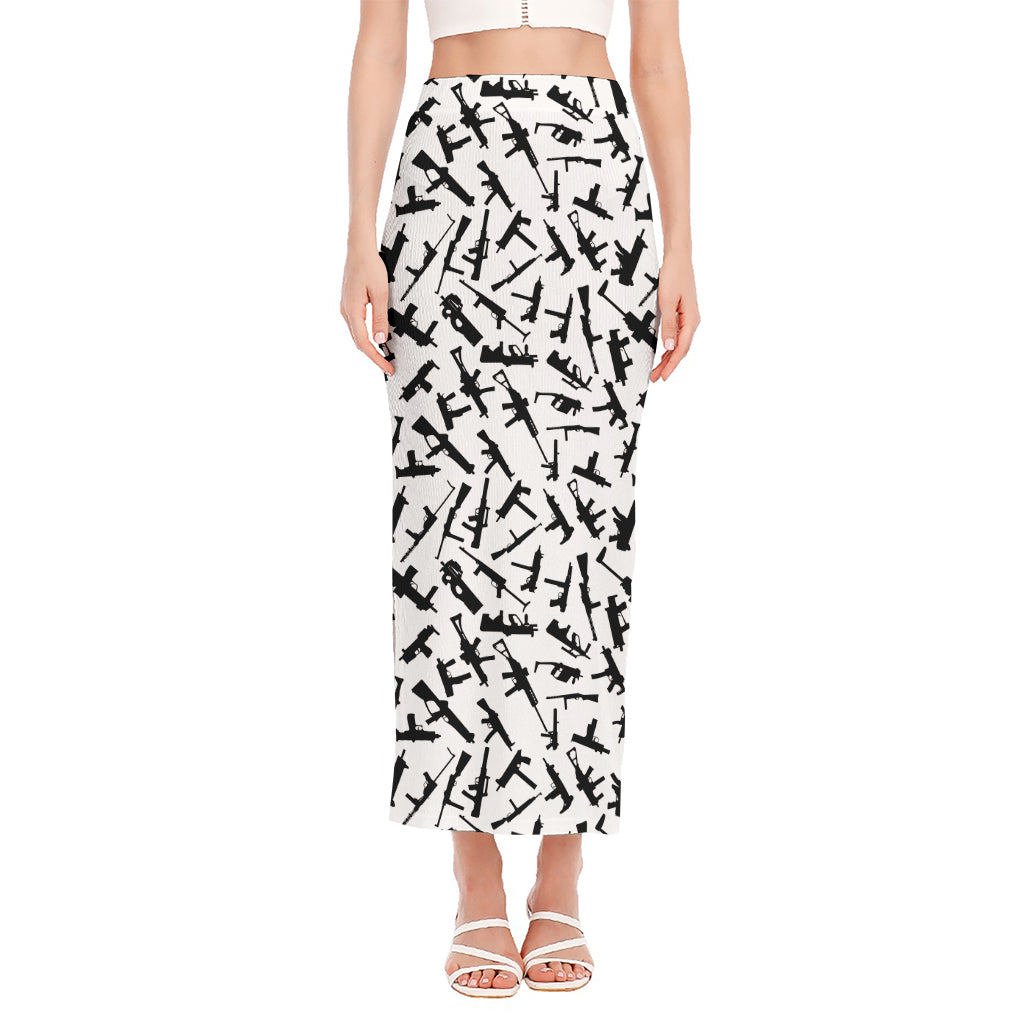 Black And White Guns Pattern Print Side Slit Maxi Skirt