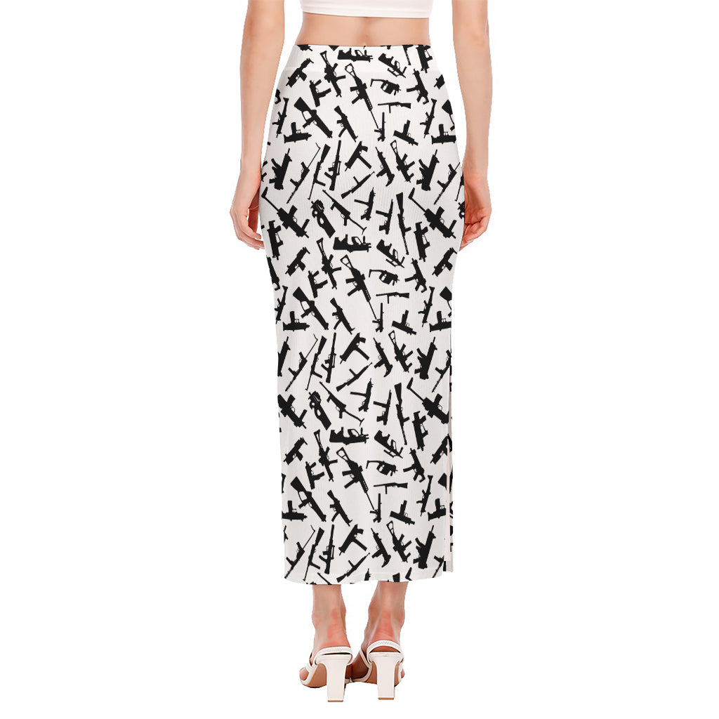 Black And White Guns Pattern Print Side Slit Maxi Skirt