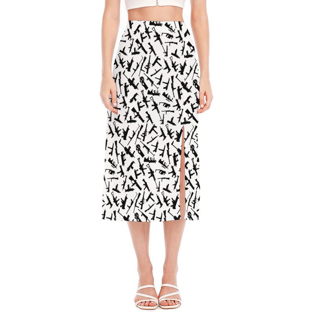 Black And White Guns Pattern Print Side Slit Midi Skirt