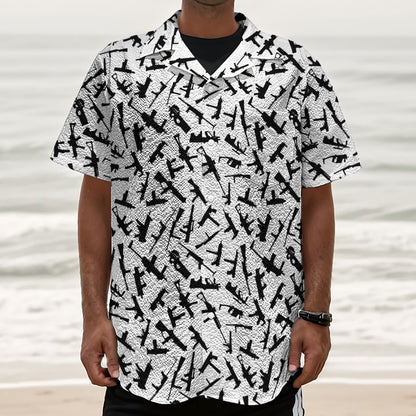 Black And White Guns Pattern Print Textured Short Sleeve Shirt