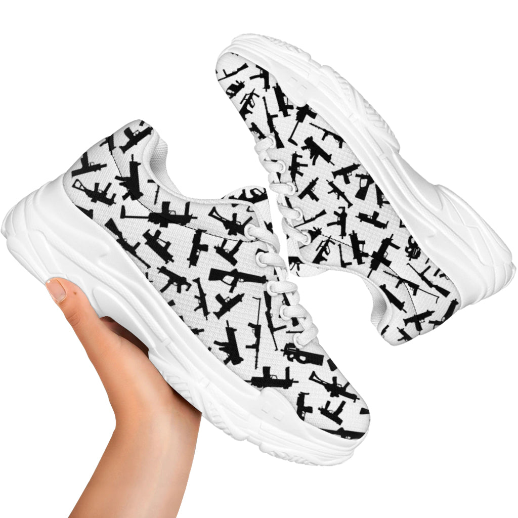 Black And White Guns Pattern Print White Chunky Shoes