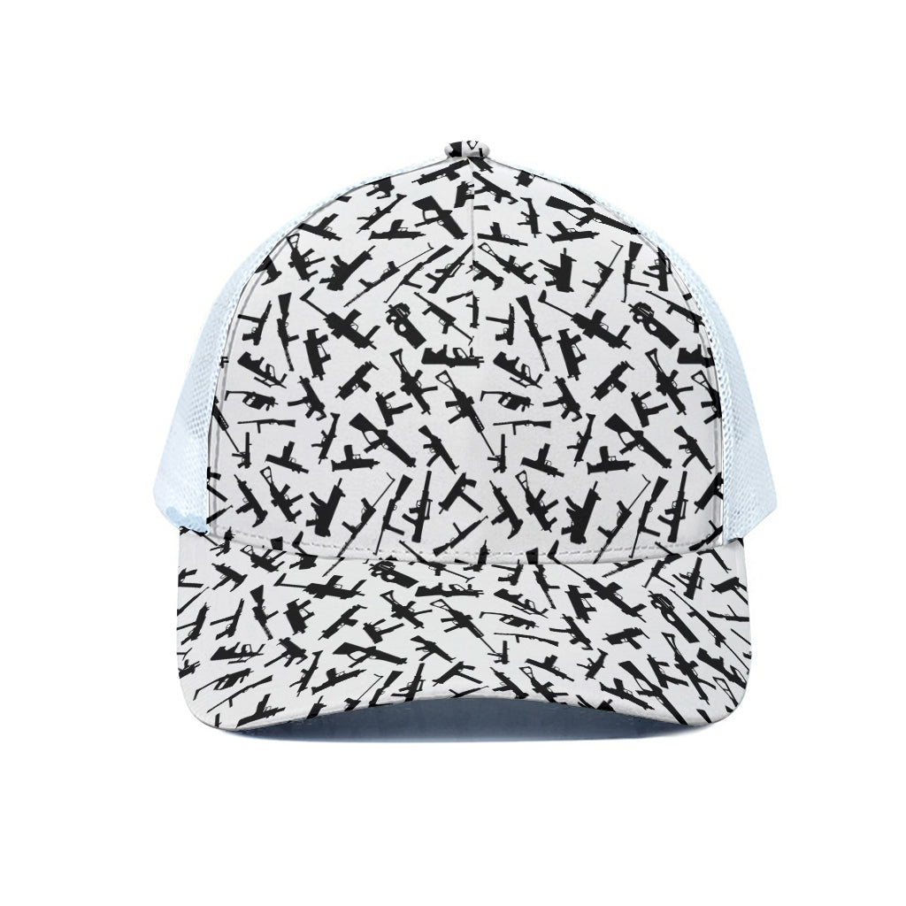 Black And White Guns Pattern Print White Mesh Trucker Cap