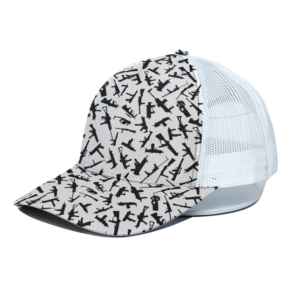 Black And White Guns Pattern Print White Mesh Trucker Cap