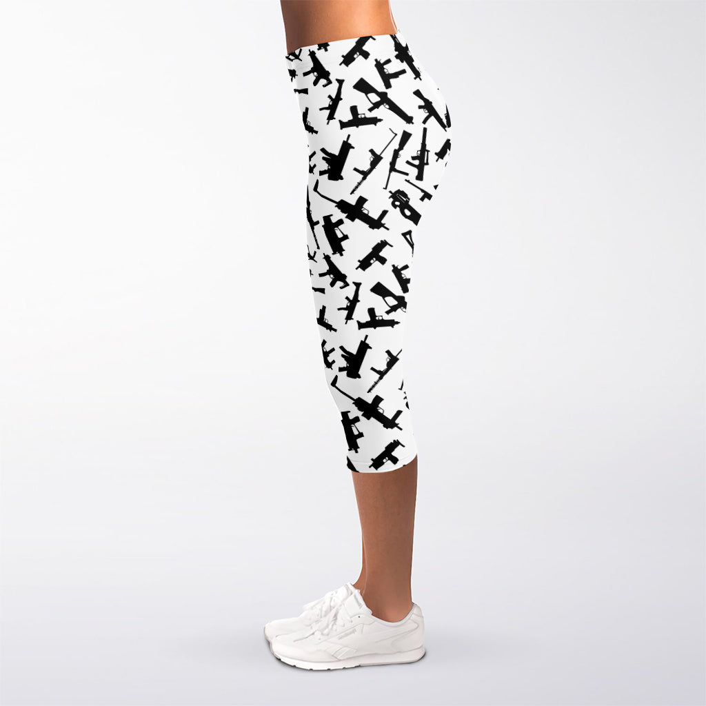 Black And White Guns Pattern Print Women's Capri Leggings