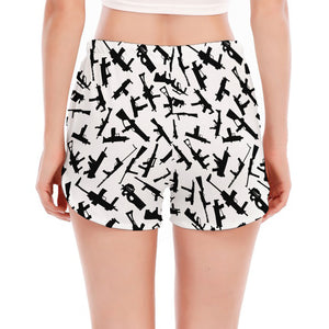 Black And White Guns Pattern Print Women's Split Running Shorts