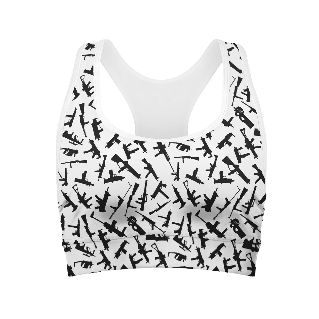 Black And White Guns Pattern Print Women's Sports Bra