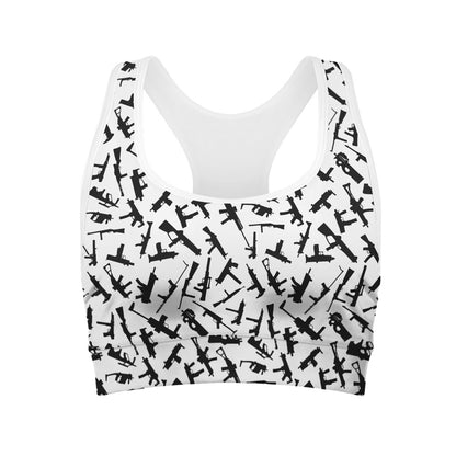 Black And White Guns Pattern Print Women's Sports Bra