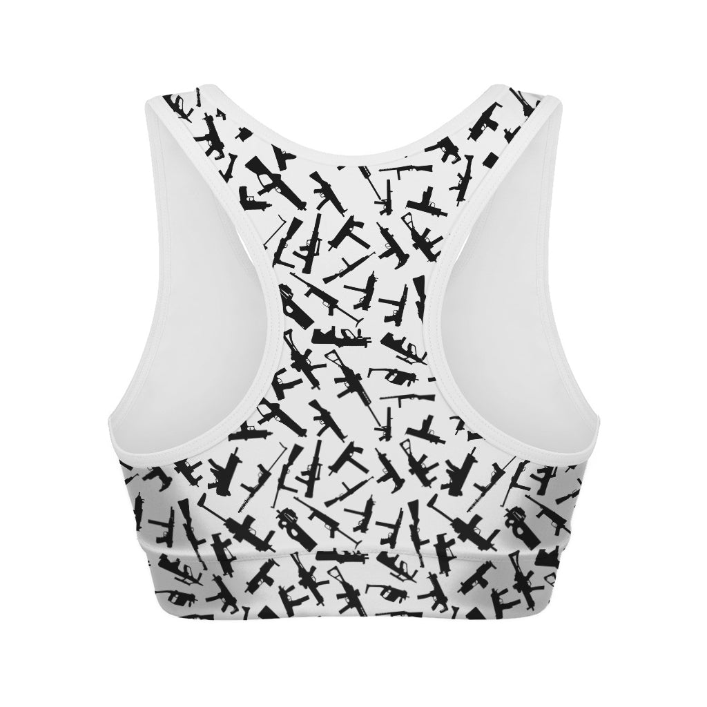 Black And White Guns Pattern Print Women's Sports Bra