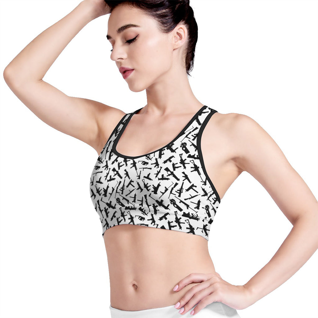 Black And White Guns Pattern Print Women's Sports Bra